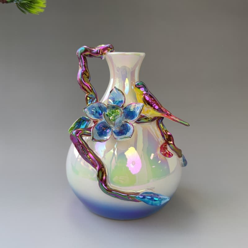 Blue enamel flower ceramic vase with raised bird detail