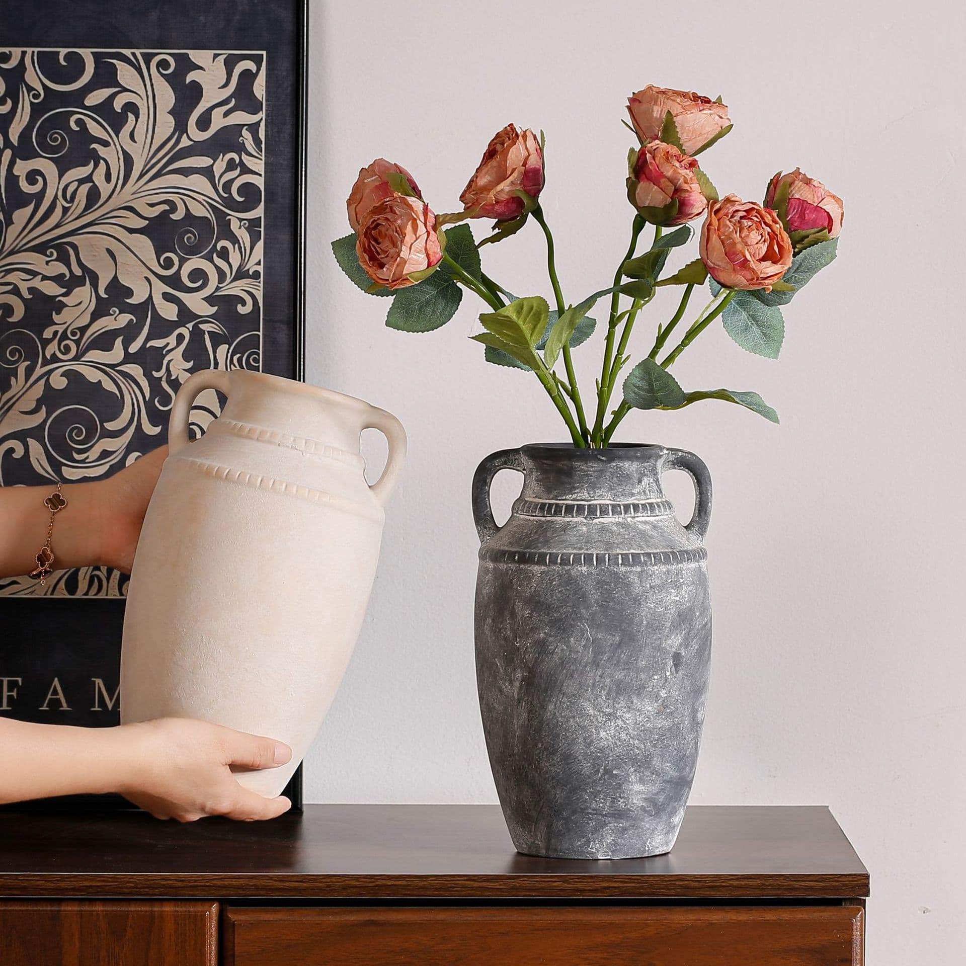 Vintage Eared Ceramic Vase Set detail 2