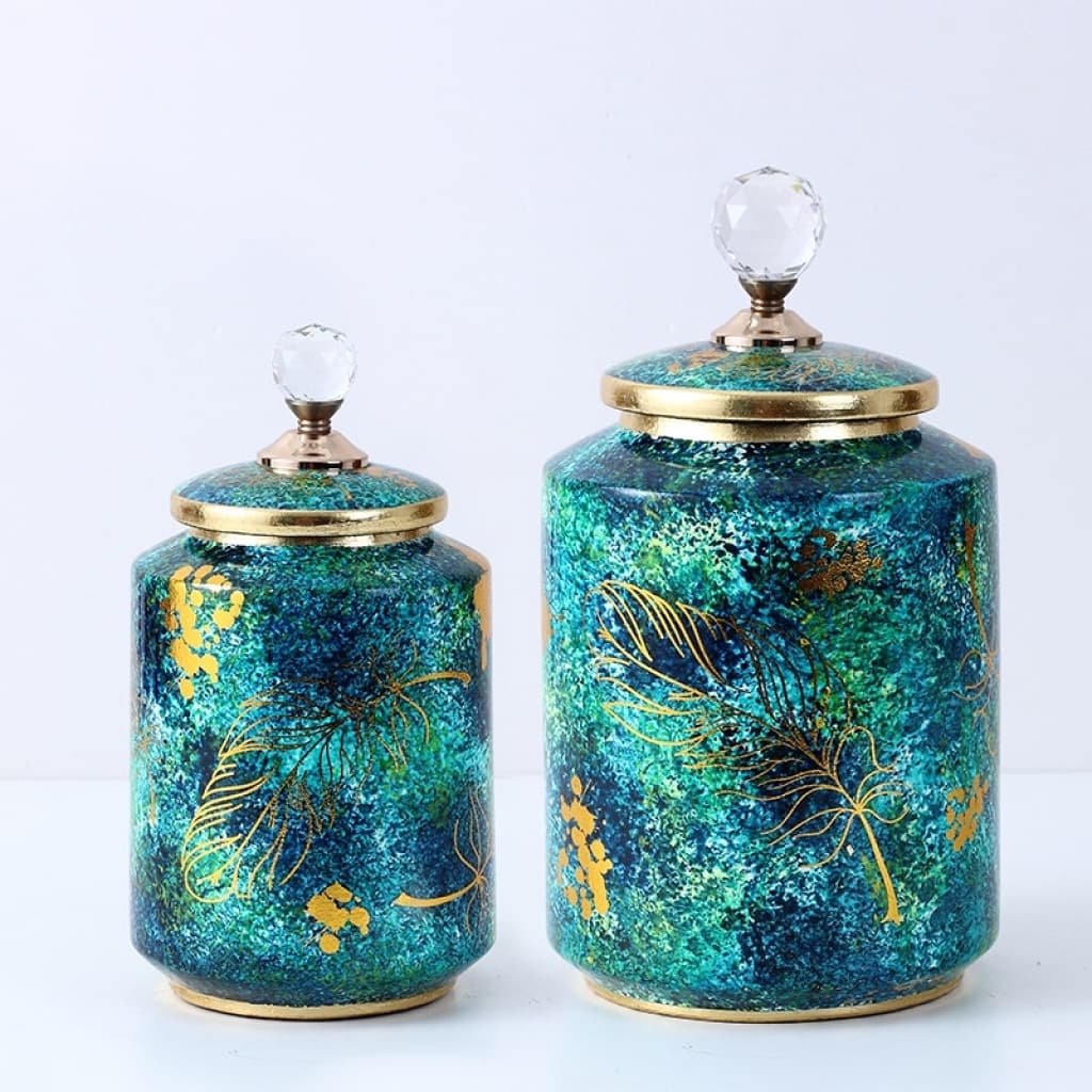 Emerald ceramic decorative canisters with abstract glazed finish
