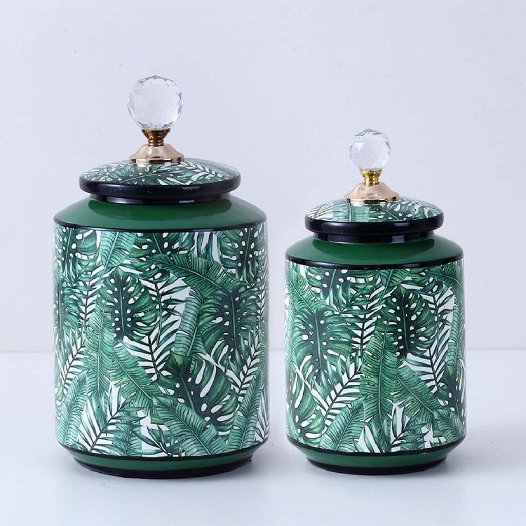 Green leaf patterned ceramic decorative canisters